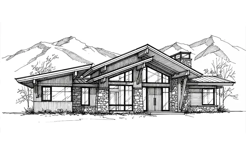 Pencil sketch of a mountain modern home, the start of a buildable plan