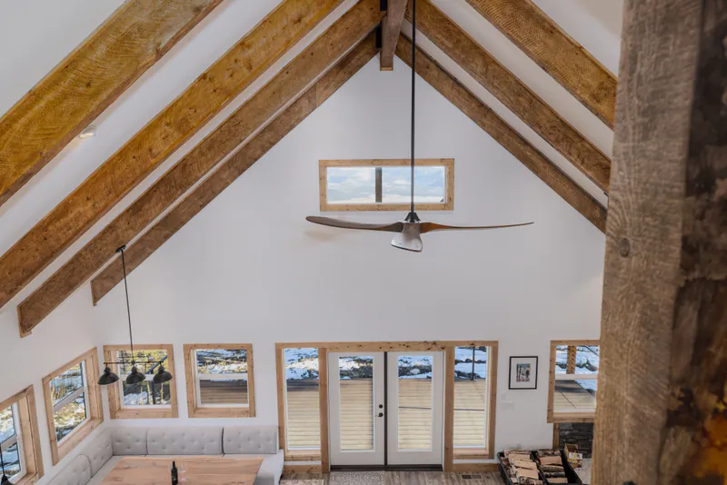 Oversized ceiling fan under the timbers, Kalispell Montana Mountain Views by Built Right in Montana