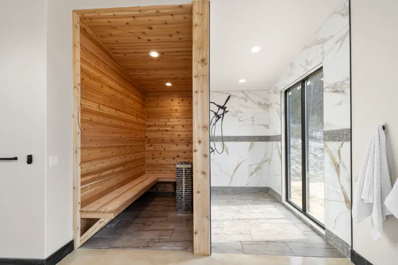 Master suite shower and sauna, Mountain Modern Living Flathead Montana by Built Right in Montana